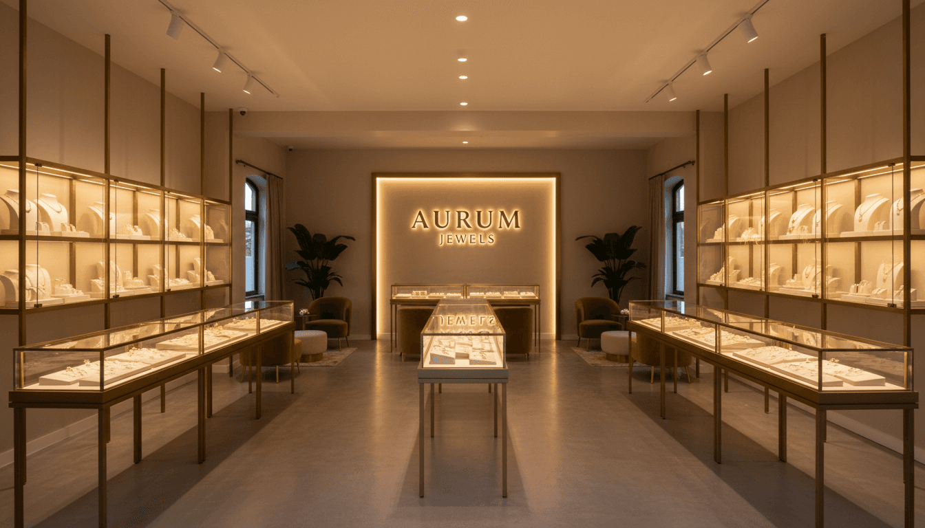 Bright jewelry store interior with gold and diamond pieces in illuminated cases