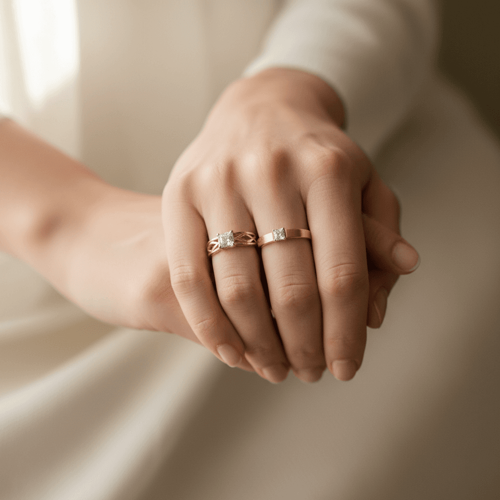Engaged couple's hands displaying matching diamond and gold wedding rings with soft natural light highlighting the precious metals and gemstones