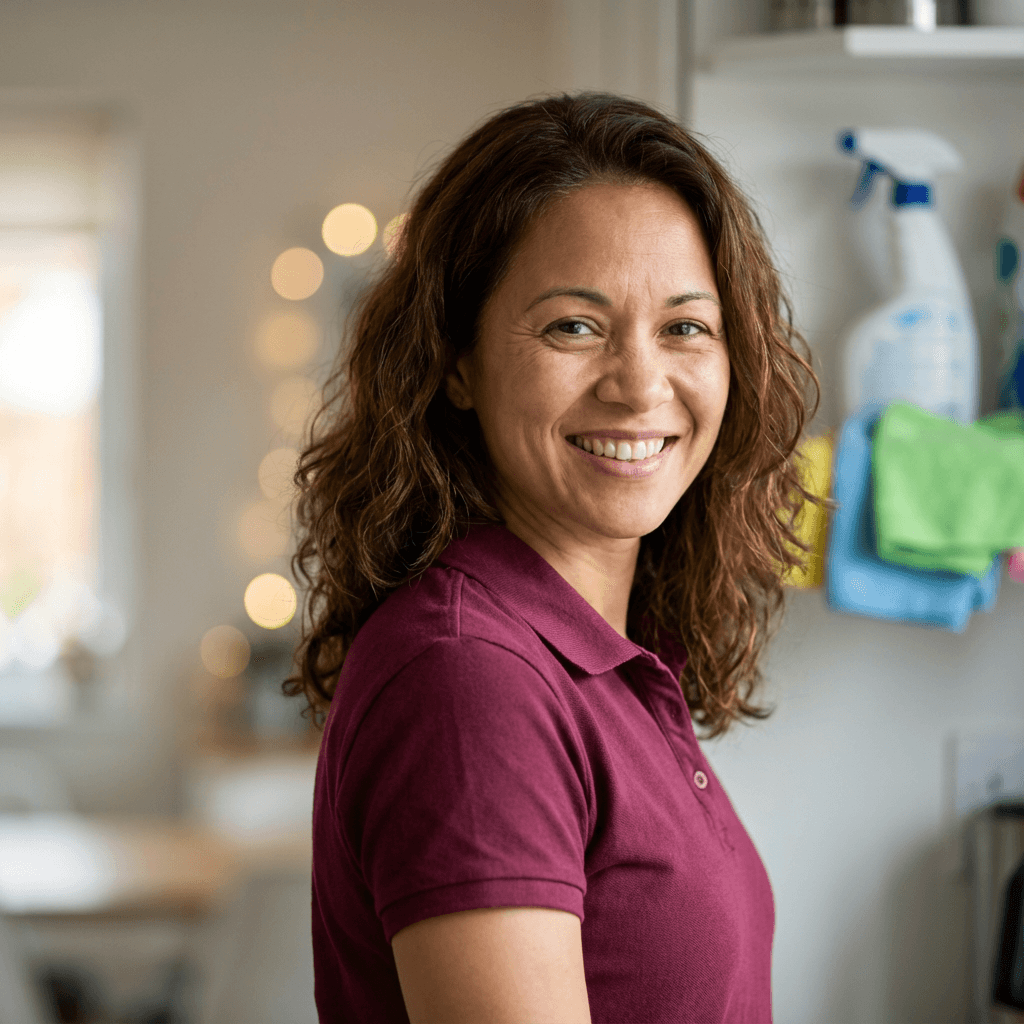 smiling woman in her early 30s, White, warm and satisfied expression, casual portrait