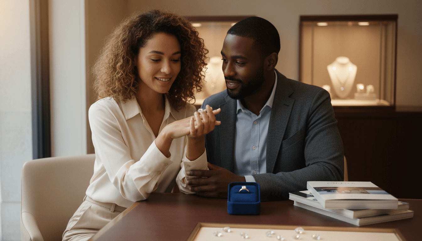 Jeweler showing ring options to couple
