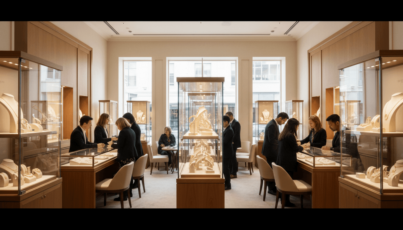 Gold and diamond jewelry displayed in a well-lit case inside a modern jewelry store